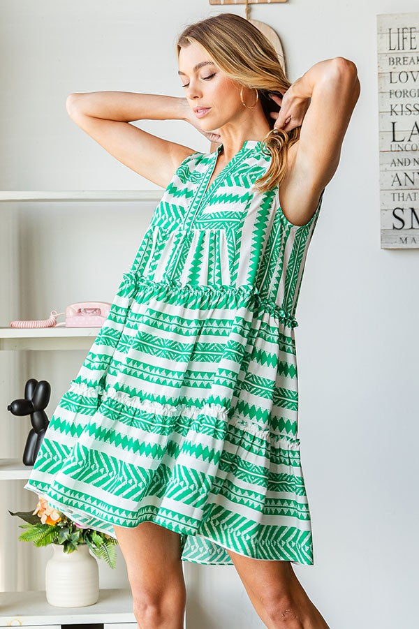 Patty Green Print Sleeveless Tiered Dress