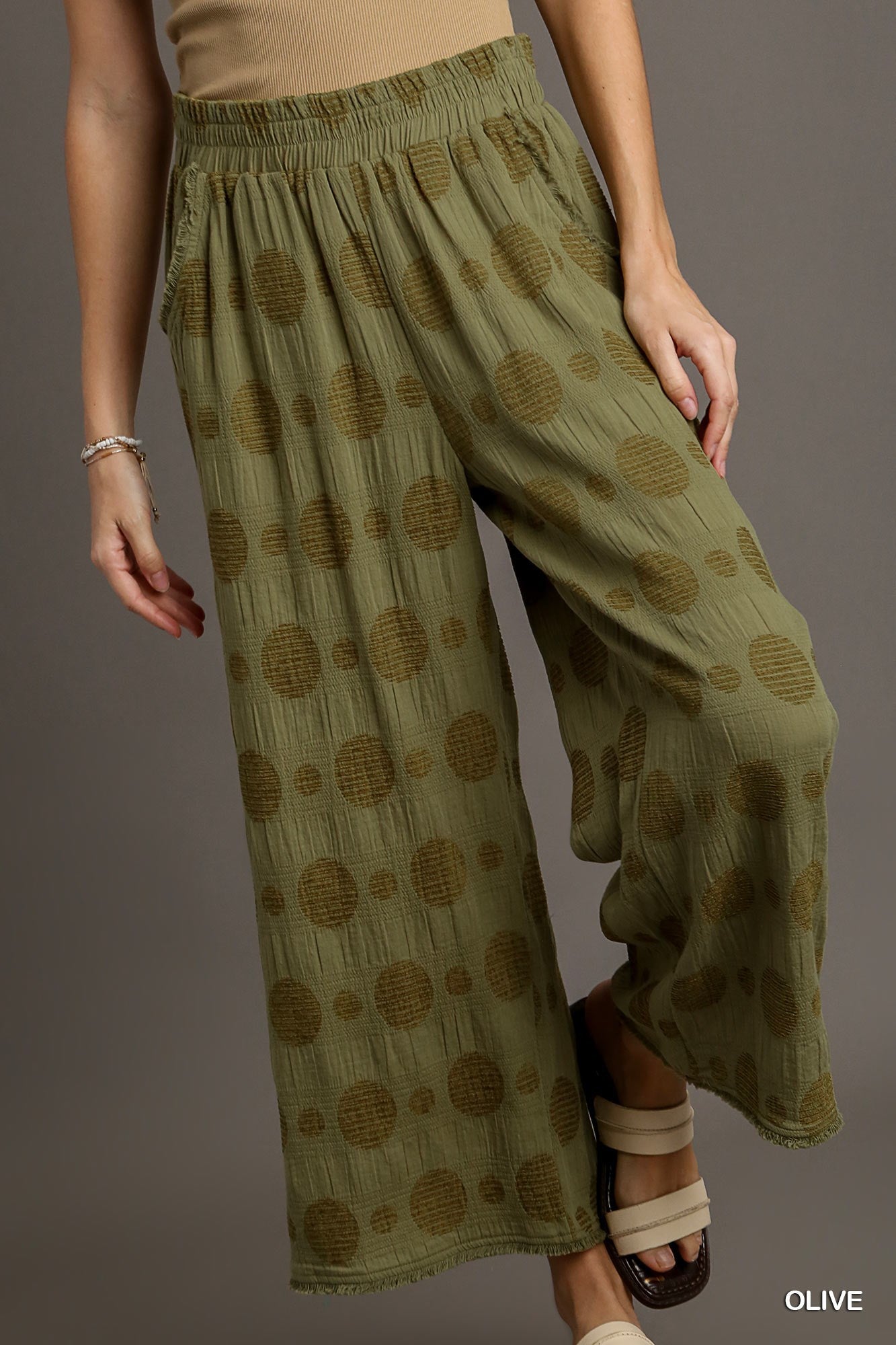 The Dotty Textured Polka Dot Wide Leg Pants in Olive