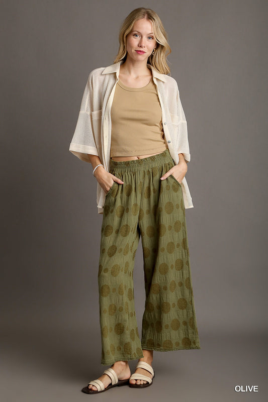 The Dotty Textured Polka Dot Wide Leg Pants in Olive