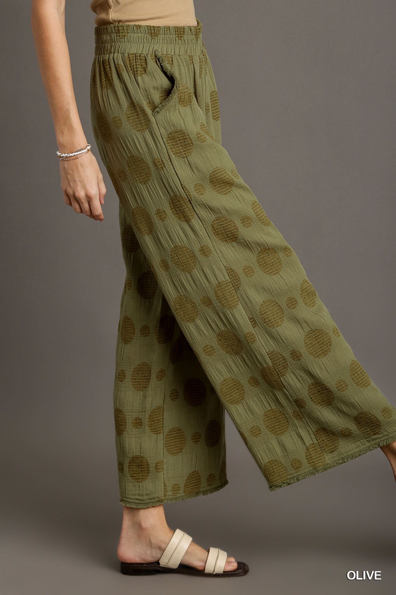 The Dotty Textured Polka Dot Wide Leg Pants in Olive
