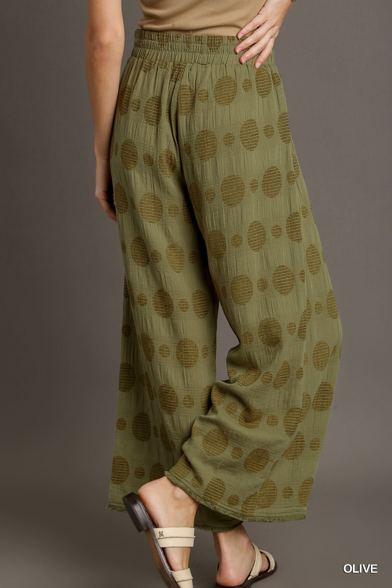 The Dotty Textured Polka Dot Wide Leg Pants in Olive