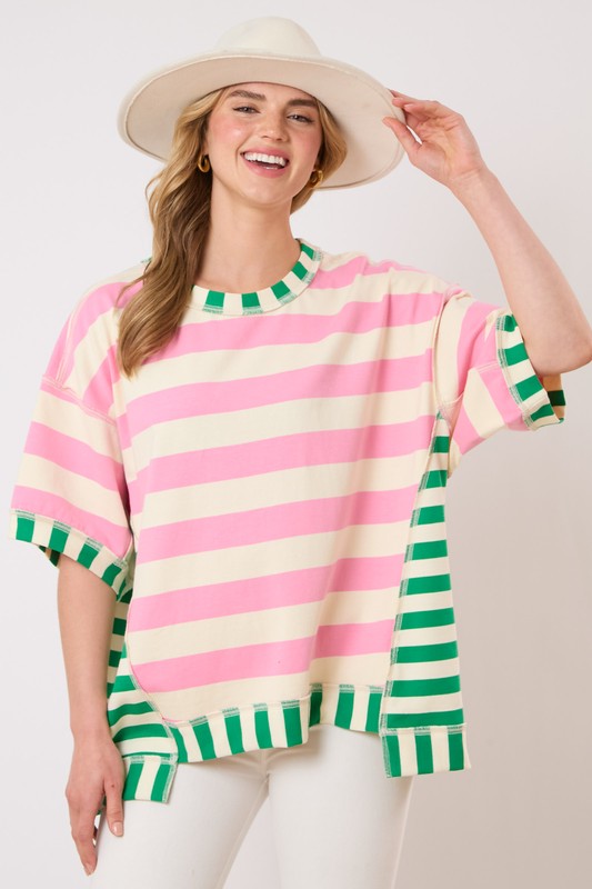 Penny Pink Stripes Mixed Short Sleeve Top