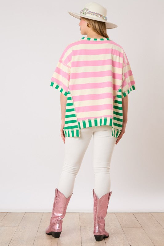 Penny Pink Stripes Mixed Short Sleeve Top