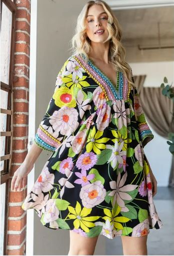 Vintage Big Floral Embroidered Black Neckline Dress