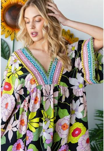 Vintage Big Floral Embroidered Black Neckline Dress