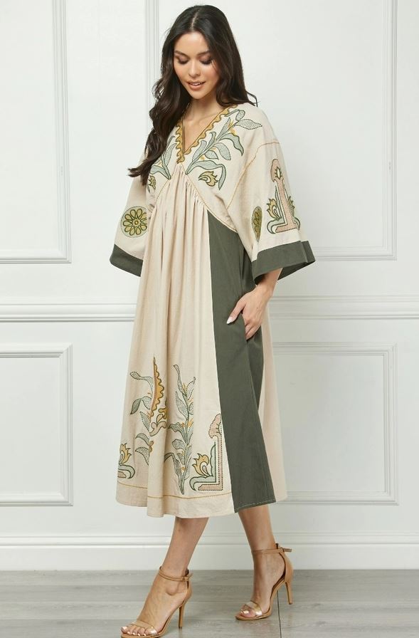 Vintage Embroidery Patch Maxi Dress Olive